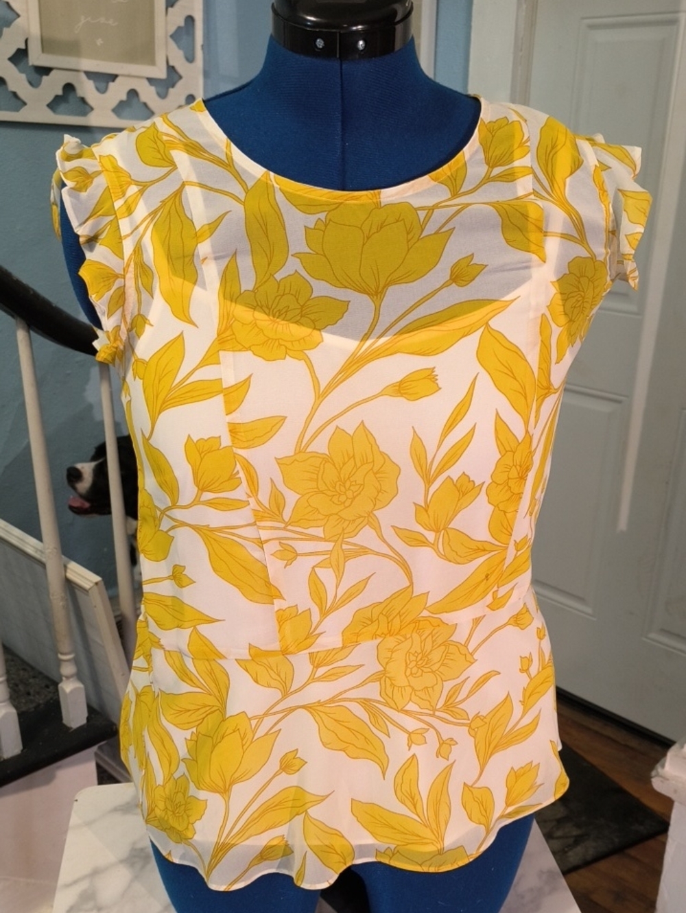 CAbi 2 Piece White Top with Yellow Floral Print and Ruffle Cap Sleeves